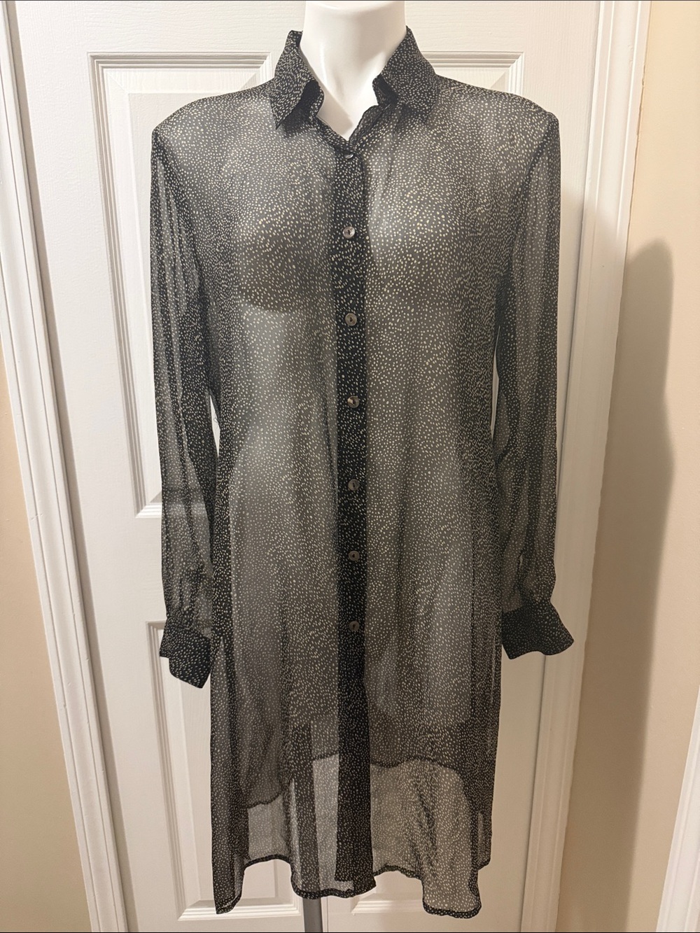 Robbie Bee Sheer Black Silk Long Button-Down Cover-Up, Size 10